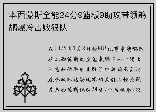 本西蒙斯全能24分9篮板9助攻带领鹈鹕爆冷击败狼队