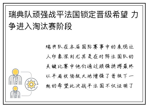 瑞典队顽强战平法国锁定晋级希望 力争进入淘汰赛阶段