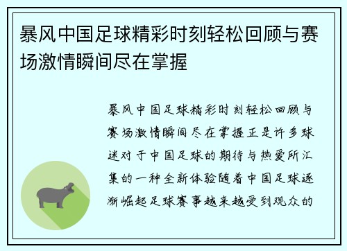 暴风中国足球精彩时刻轻松回顾与赛场激情瞬间尽在掌握
